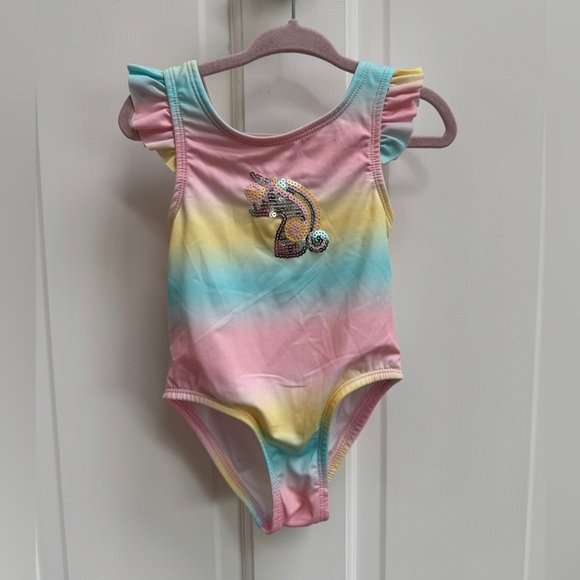 NWOT Penelope Mack LTD 24M Girls Rainbow Unicorn One Piece Bathingsuit Swimsuit - Picture 1 of 5